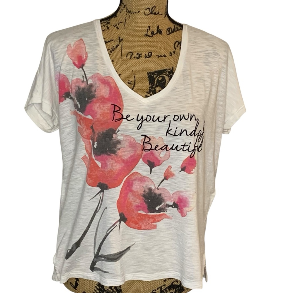 White House Black Market Cotton Modal Floral Cap Sleeve V-neck T-shirt